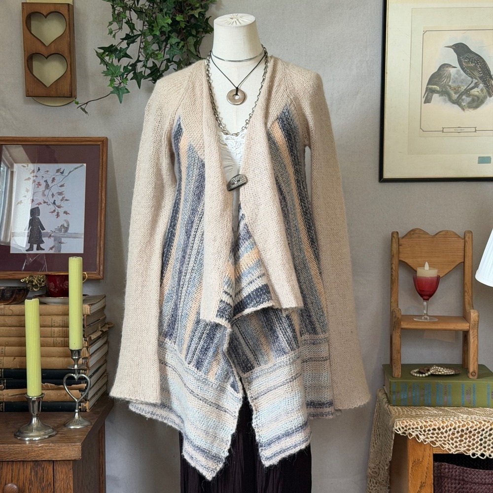 Beige Draped Open Cardigan Sweater Boho Striped Large Knit Asymmetrical Hem